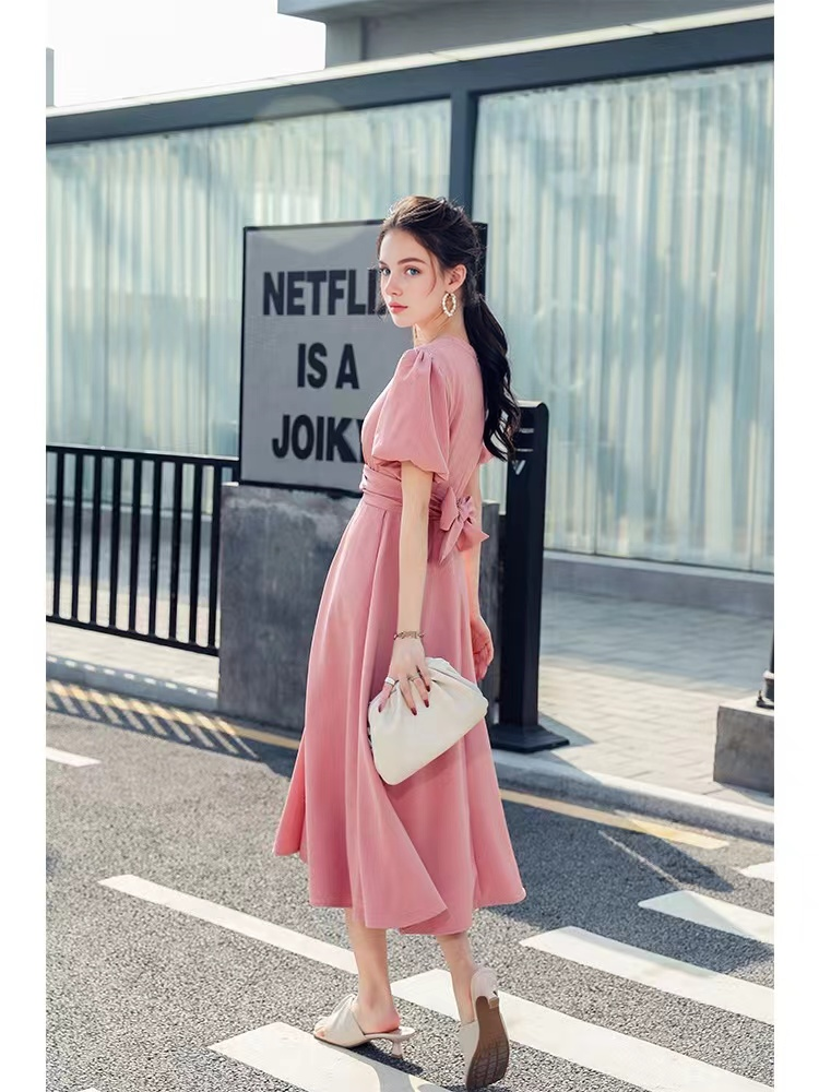 New Summer Thai Slimming Dress Short Sleeve Chest Tie Twist V-Neck Over-the-Knee Midi Skirt Women