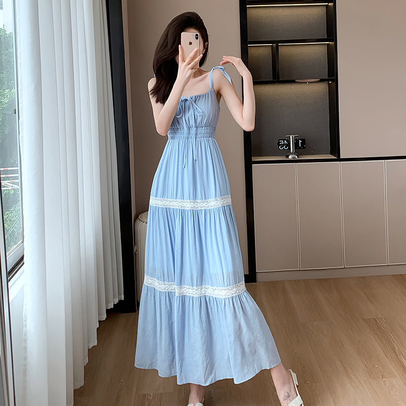 Real time romantic holiday heavy industry Vintage ballet style lace patchwork cake strap dress long dress