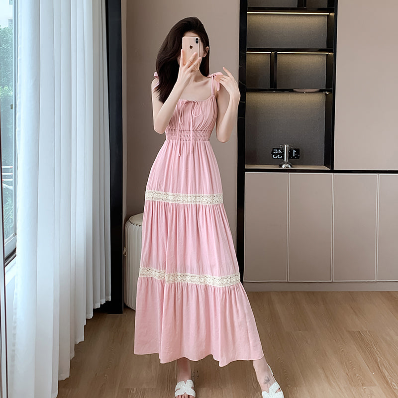Real time romantic holiday heavy industry Vintage ballet style lace patchwork cake strap dress long dress