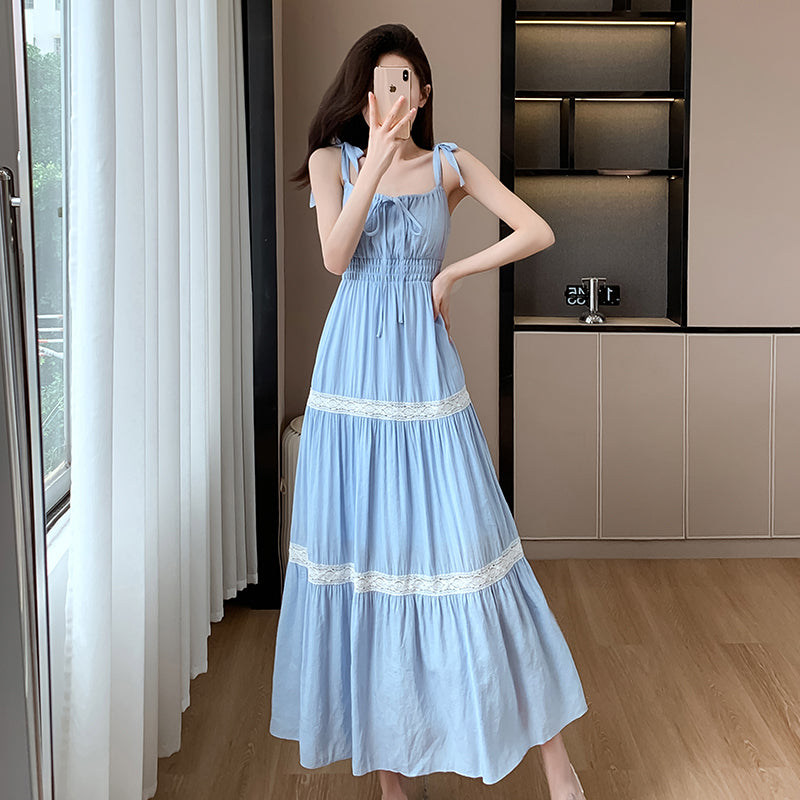 Real time romantic holiday heavy industry Vintage ballet style lace patchwork cake strap dress long dress