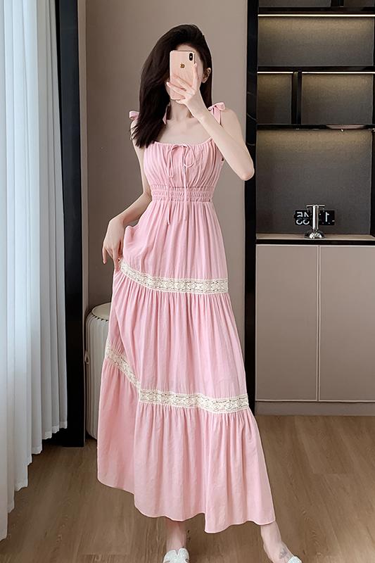 Real time romantic holiday heavy industry Vintage ballet style lace patchwork cake strap dress long dress