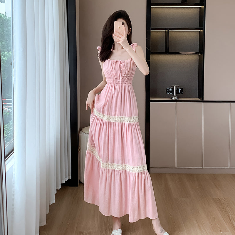 Real time romantic holiday heavy industry Vintage ballet style lace patchwork cake strap dress long dress