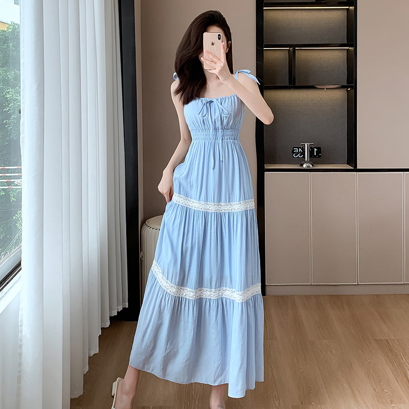 Real time romantic holiday heavy industry Vintage ballet style lace patchwork cake strap dress long dress