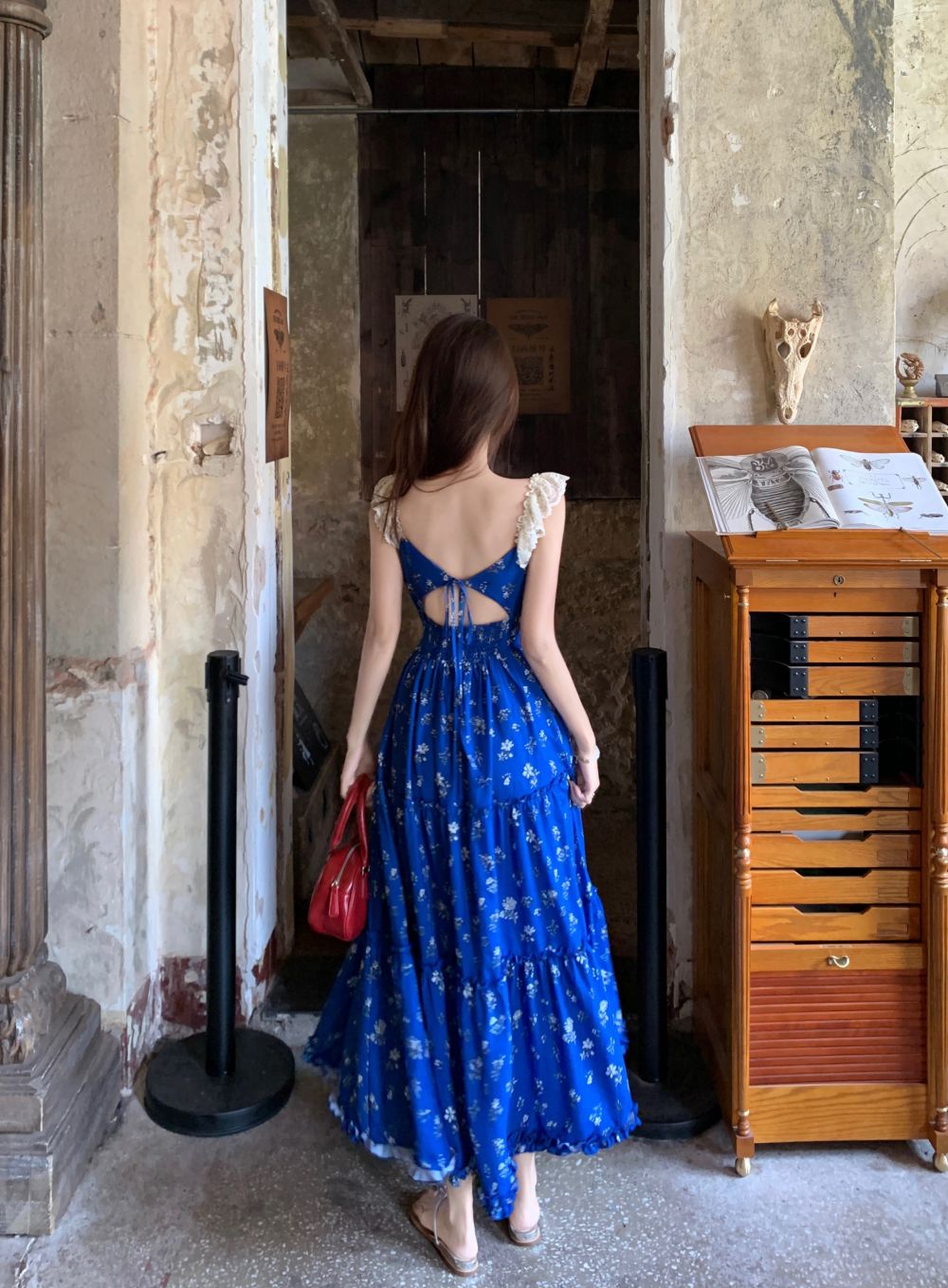 Blue Windbell Blue Small Floral Lace Lace Patchwork Backless Halter Dress