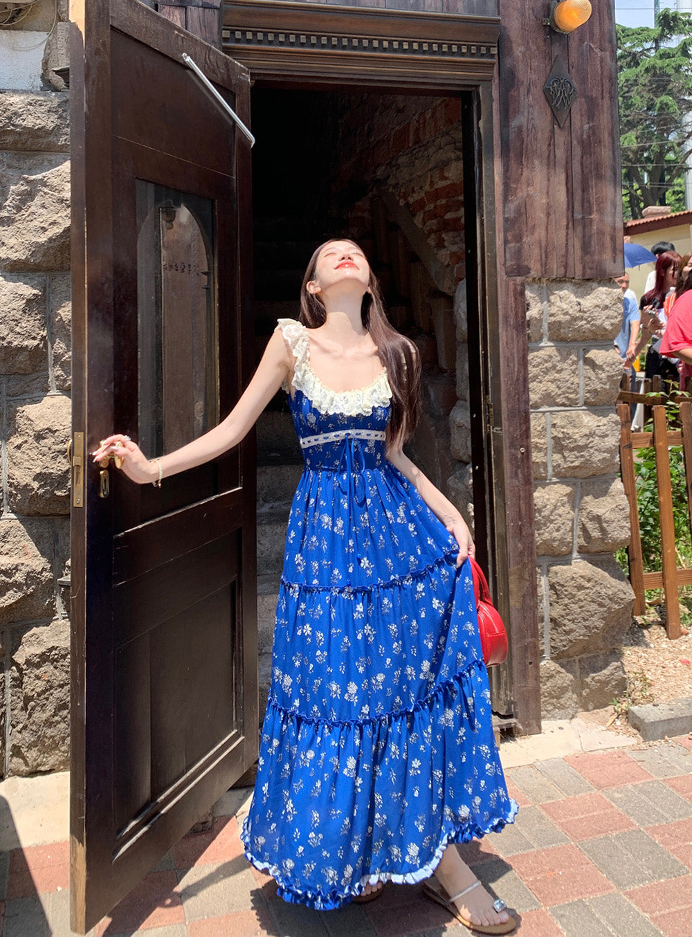 Blue Windbell Blue Small Floral Lace Lace Patchwork Backless Halter Dress