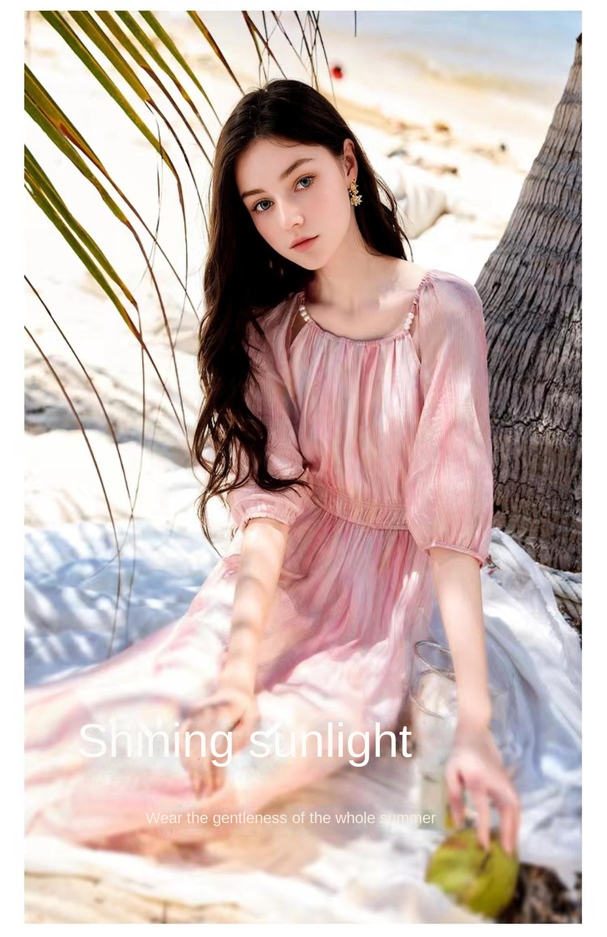 Gentle wind pink dress female summer new super nice temperament seaside vacation beach skirt