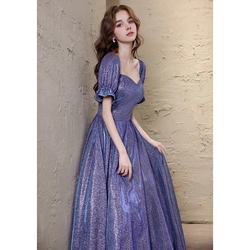Senior Performance Banquet Toast Clothes Engagement Purple Starry Evening Gowns Dresses