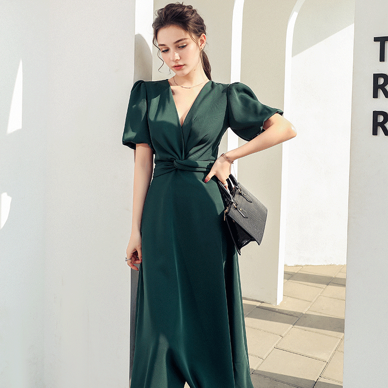 New Summer Thai Slimming Dress Short Sleeve Chest Tie Twist V-Neck Over-the-Knee Midi Skirt Women