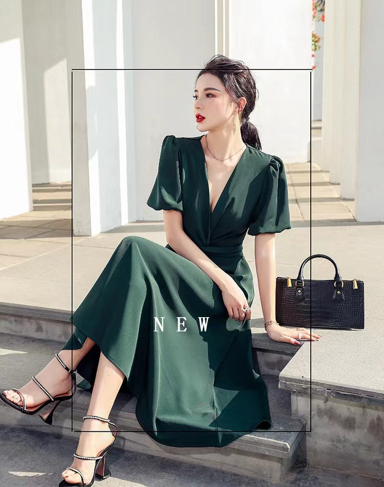 New Summer Thai Slimming Dress Short Sleeve Chest Tie Twist V-Neck Over-the-Knee Midi Skirt Women