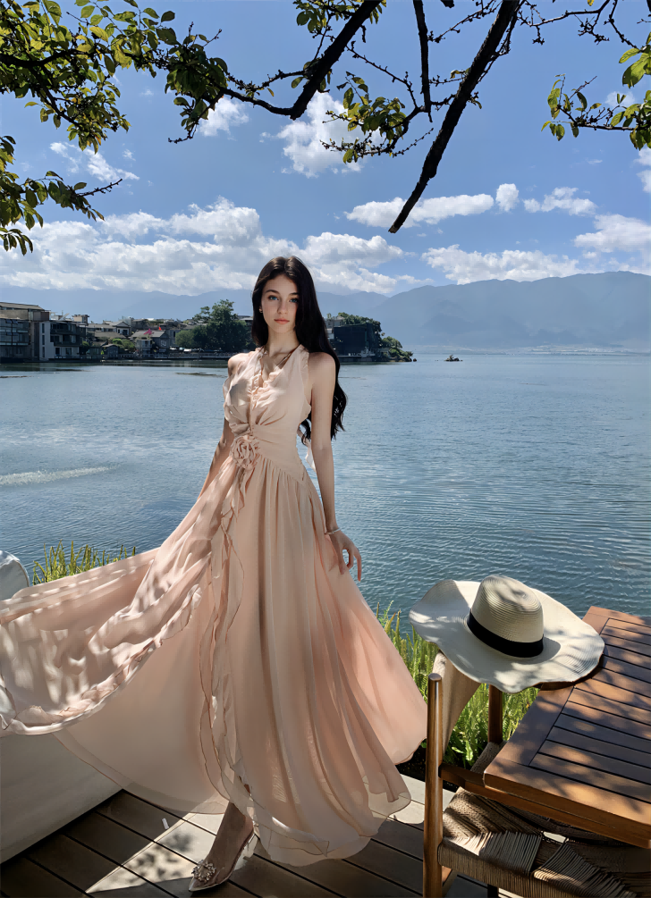 Seaside vacation beauty God descending sleeveless V-neck neckline dress new gentle temperament wooden ear edge backless long skirt
