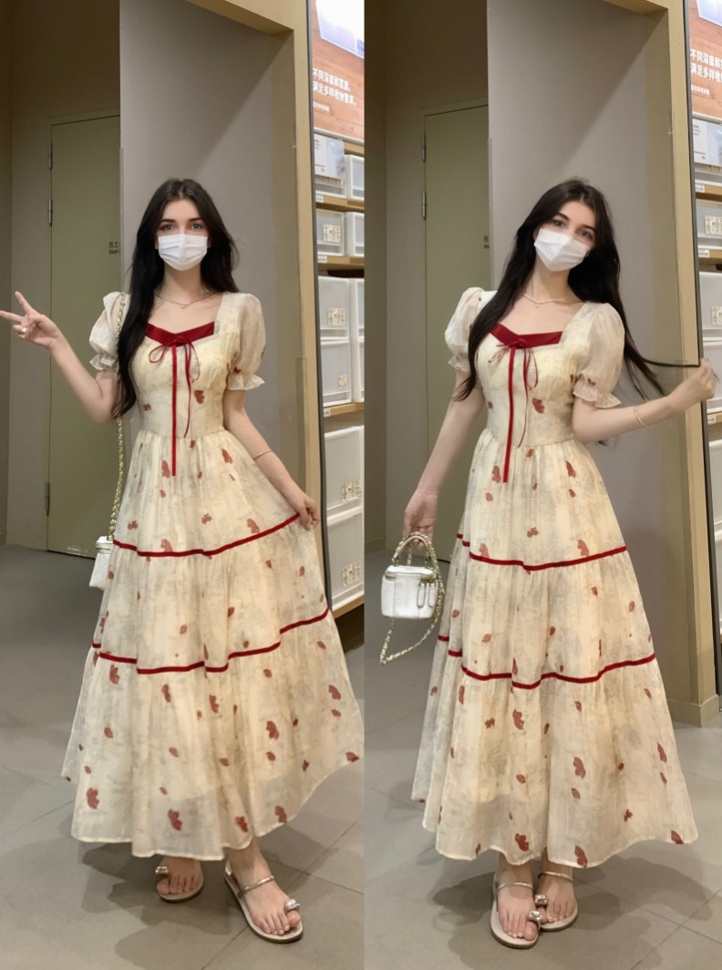 Colorblocked Printed Dress Premium Feeling Waist Slimming Bubble Sleeve Square Neck Long Dresses