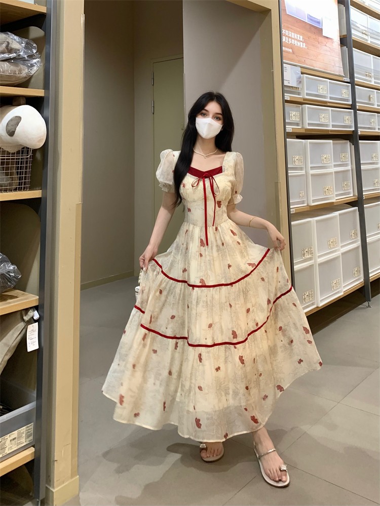 Colorblocked Printed Dress Premium Feeling Waist Slimming Bubble Sleeve Square Neck Long Dresses