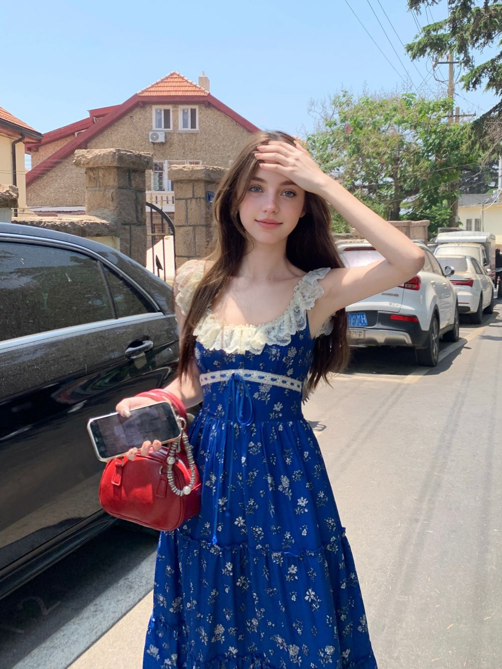 Blue Windbell Blue Small Floral Lace Lace Patchwork Backless Halter Dress