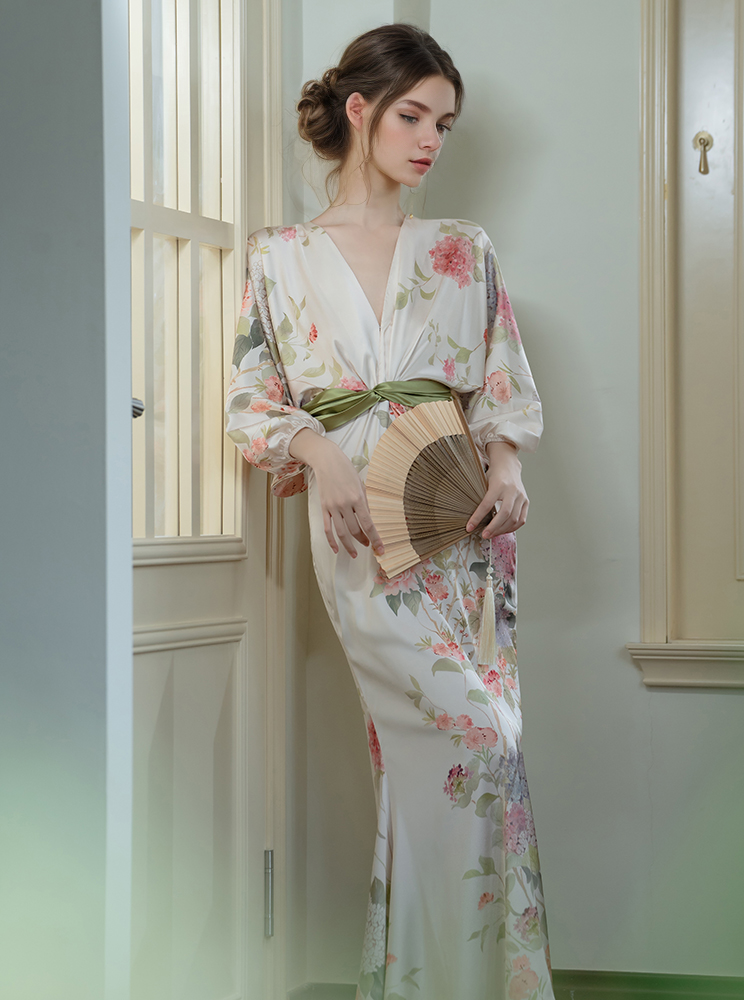 French Waist Printed Temperament Dress Wedding Morning Gowns