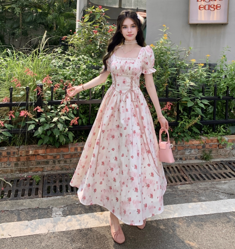 Sweet temperament court style waisted straps thin printed square neck dress