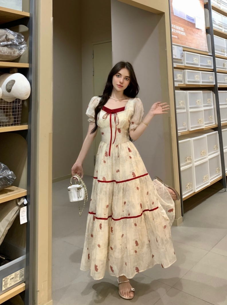 Colorblocked Printed Dress Premium Feeling Waist Slimming Bubble Sleeve Square Neck Long Dresses