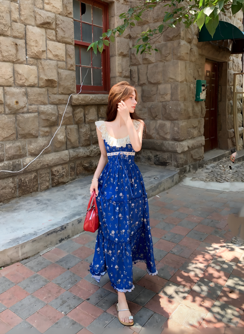 Blue Windbell Blue Small Floral Lace Lace Patchwork Backless Halter Dress