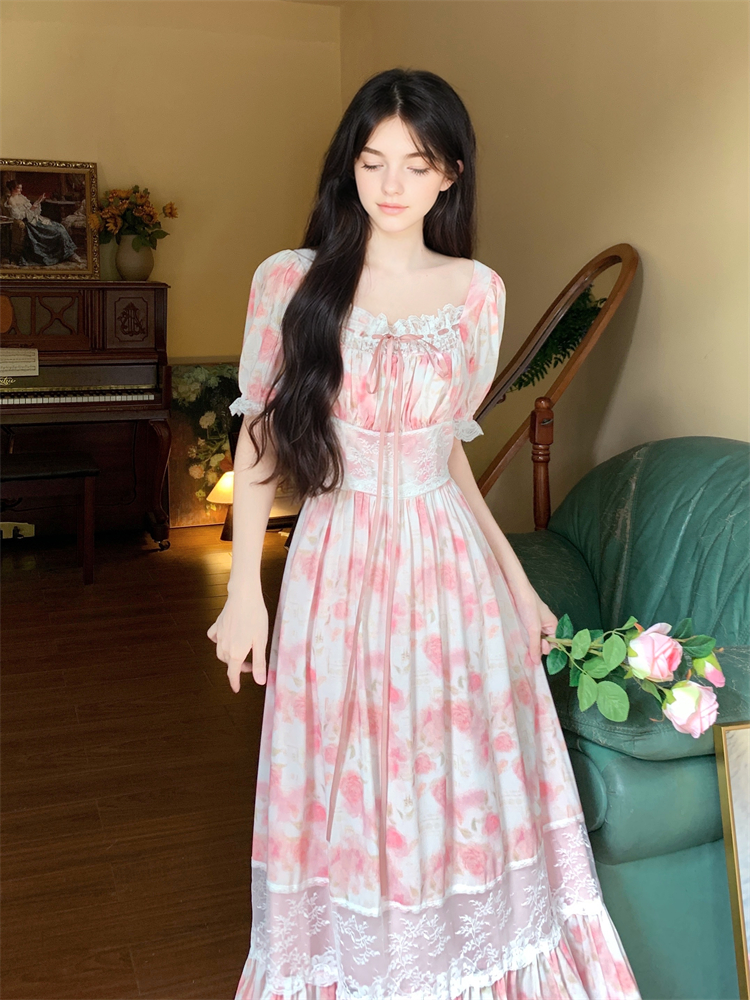 Summer Long Elegant Romantic Square Neck Waist Dresses