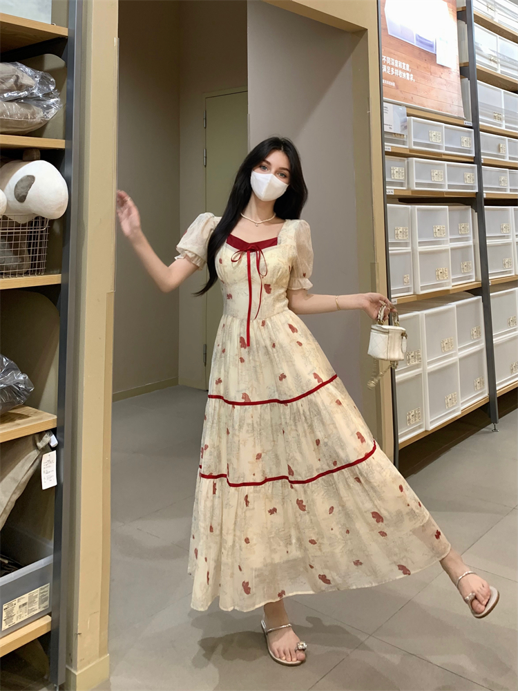 Colorblocked Printed Dress Premium Feeling Waist Slimming Bubble Sleeve Square Neck Long Dresses