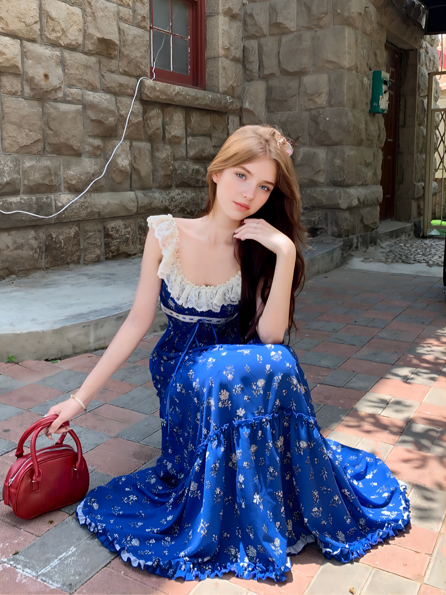 Blue Windbell Blue Small Floral Lace Lace Patchwork Backless Halter Dress