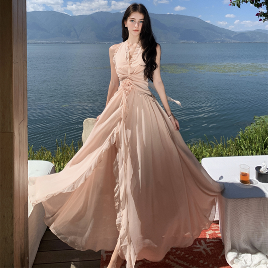Seaside vacation beauty God descending sleeveless V-neck neckline dress new gentle temperament wooden ear edge backless long skirt