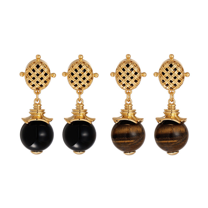 Exquisite court style retro vintage vintage temperament French hollow design tiger eye stone onyx earrings female