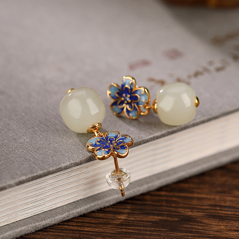 S925 sterling silver gold-plated Nanhong Hetian jade green jade cloisonné blue Guochao plum blossom Lu Lu Tong earrings earrings