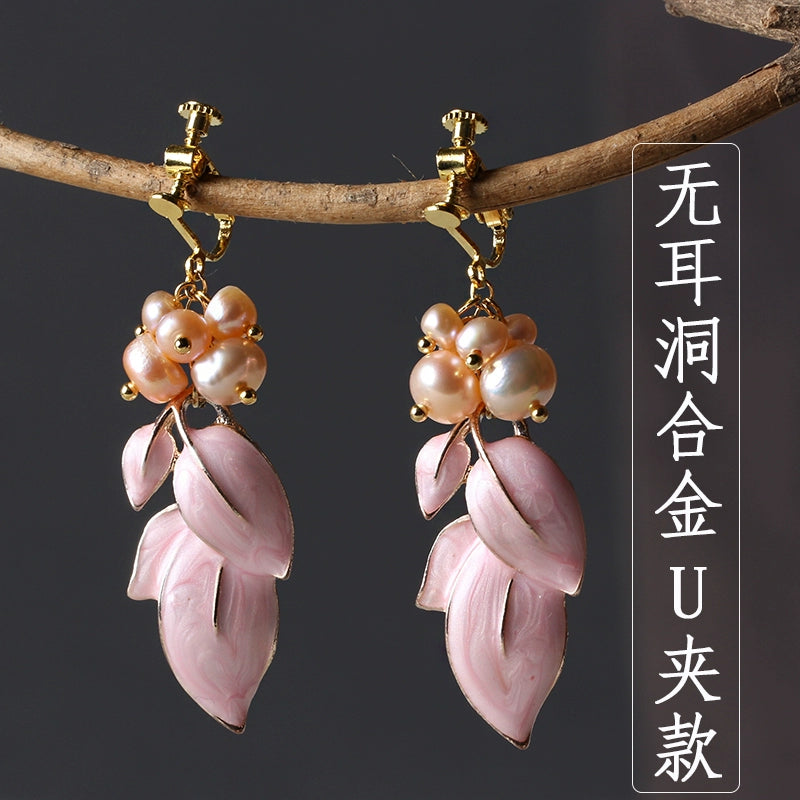 Earrings female freshwater pearl earrings temperament wind earrings pink flower earrings