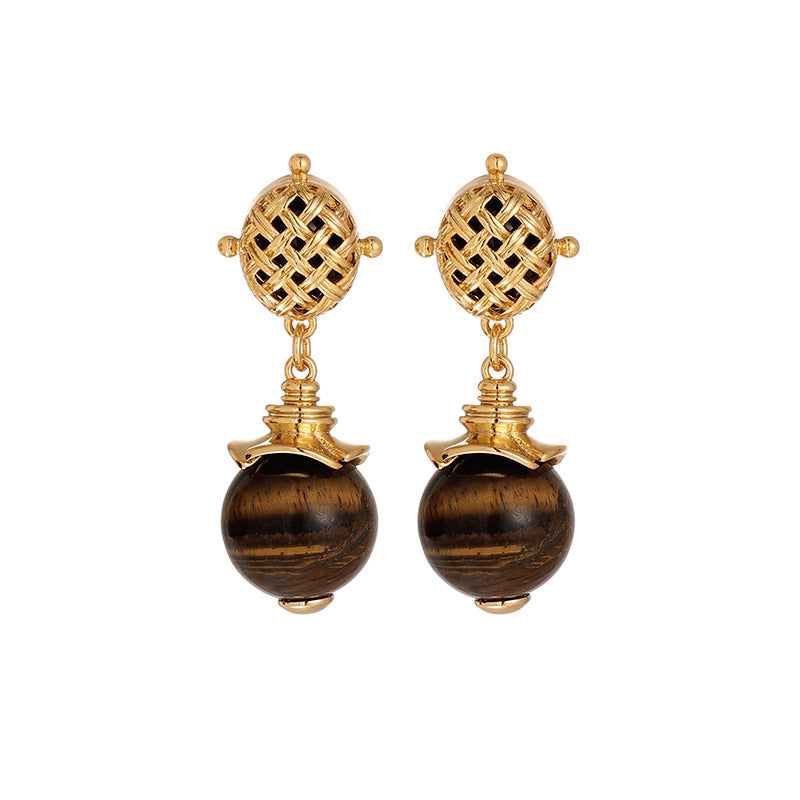 Exquisite court style retro vintage vintage temperament French hollow design tiger eye stone onyx earrings female