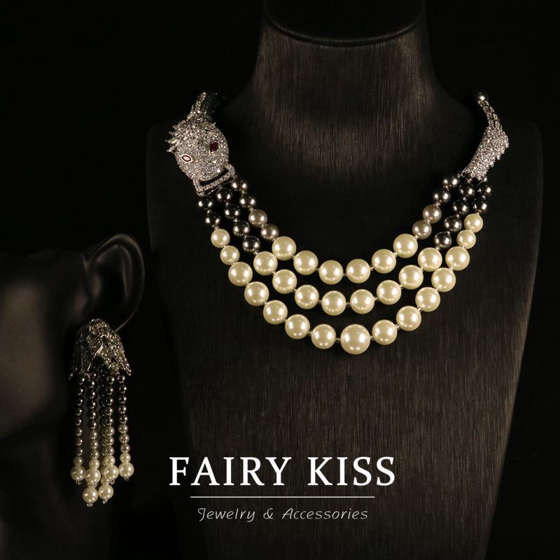 Exquisite fashion zirconia multi-layer pearl dragon necklace pave full of diamonds high quality jewelry