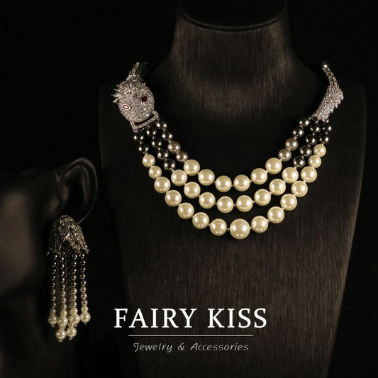 Exquisite fashion zirconia multi-layer pearl dragon necklace pave full of diamonds high quality jewelry