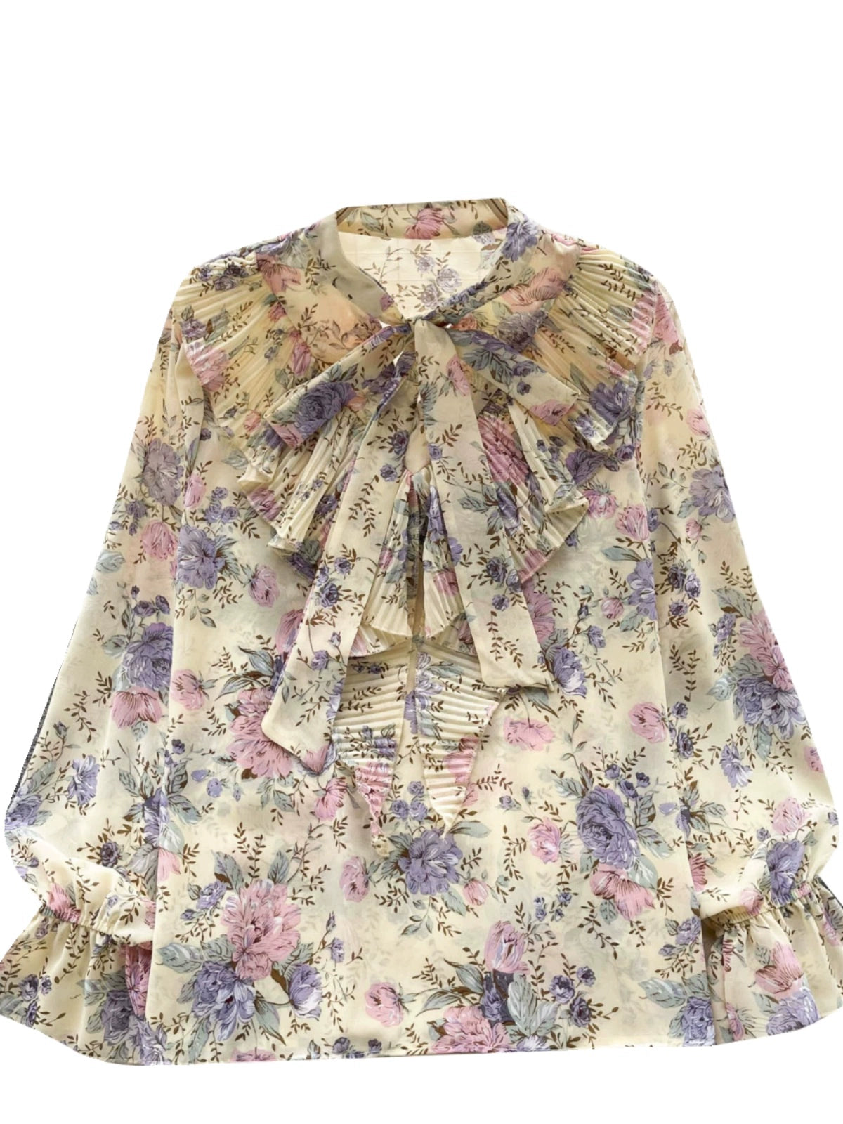 Chiffon shirt female sweet bow tie collar heavy work pleated ruffled Slim versatile French bubble sleeve blouse