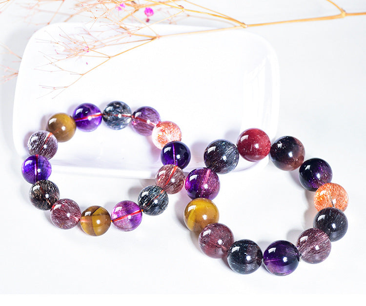 Men's and Women's Bracelets Triple Chakra Bone Dry Crystals Amethyst and Black Crystal
