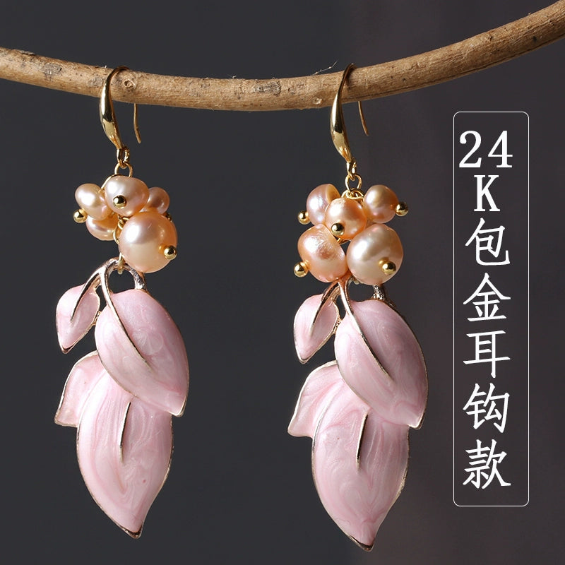 Earrings female freshwater pearl earrings temperament wind earrings pink flower earrings