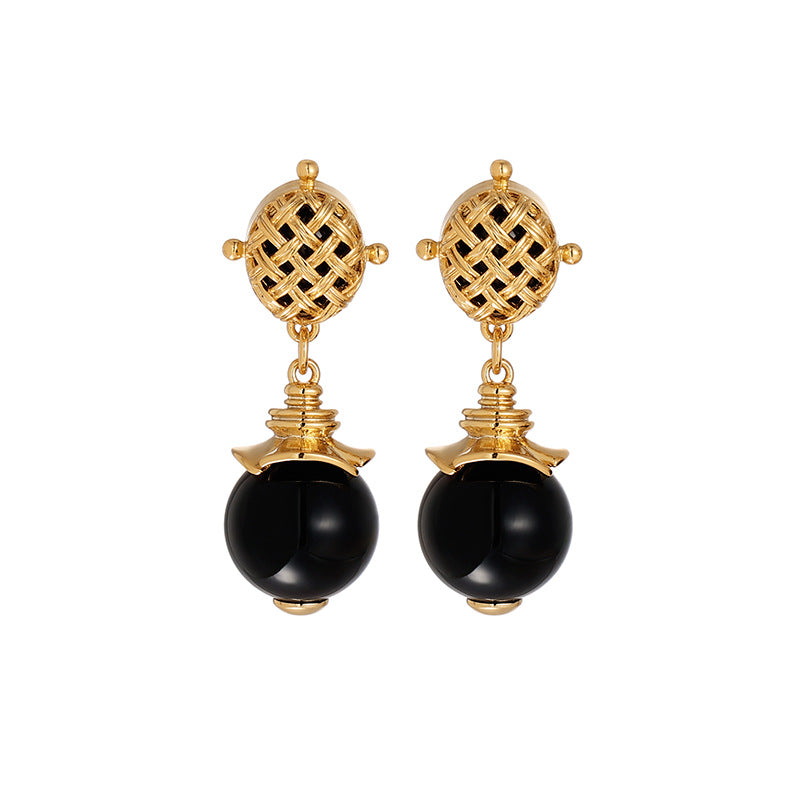 Exquisite court style retro vintage vintage temperament French hollow design tiger eye stone onyx earrings female