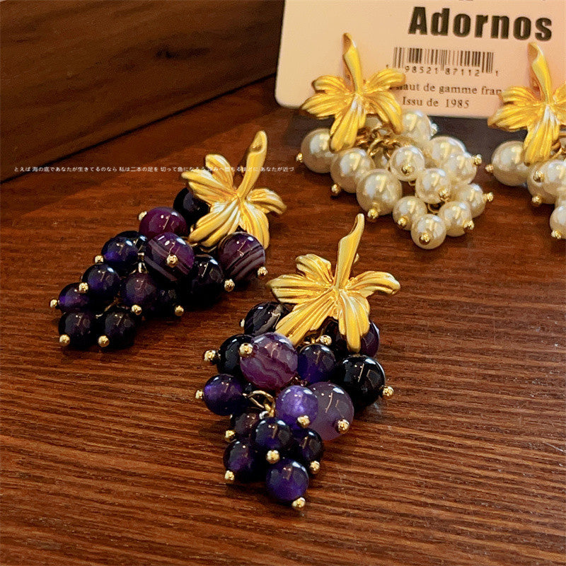 Vintage grape string long earrings niche sweet cool temperament retro Pearl earrings ear jewelry wholesale