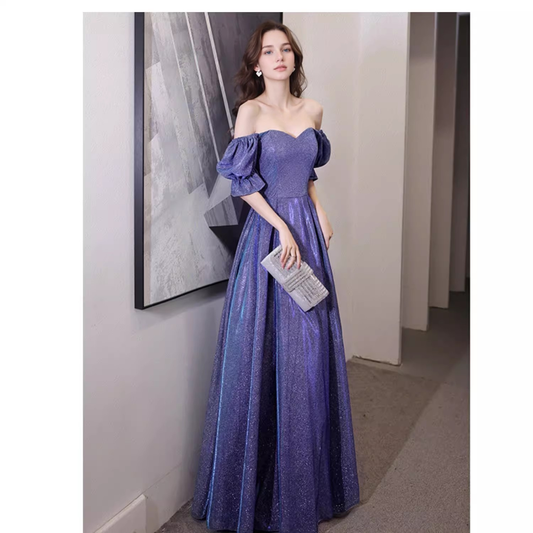Senior Performance Banquet Toast Clothes Engagement Purple Starry Evening Gowns Dresses