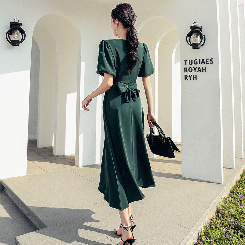 New Summer Thai Slimming Dress Short Sleeve Chest Tie Twist V-Neck Over-the-Knee Midi Skirt Women