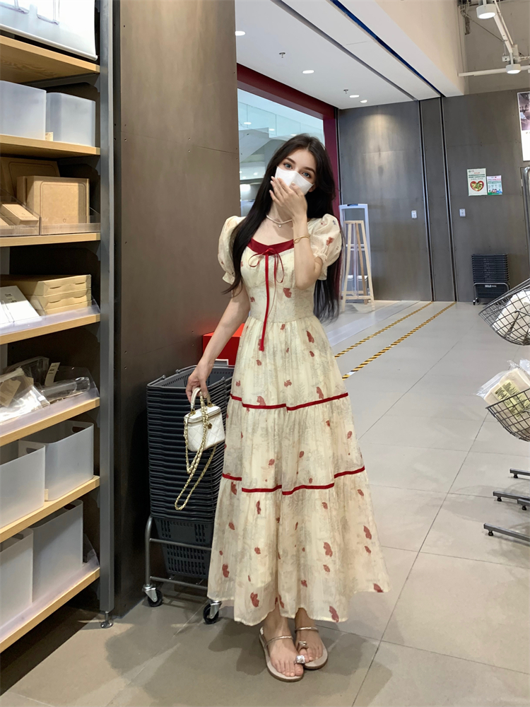 Colorblocked Printed Dress Premium Feeling Waist Slimming Bubble Sleeve Square Neck Long Dresses