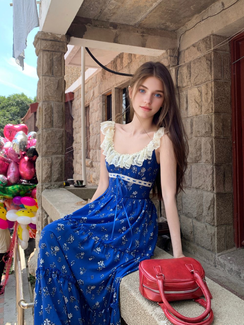 Blue Windbell Blue Small Floral Lace Lace Patchwork Backless Halter Dress