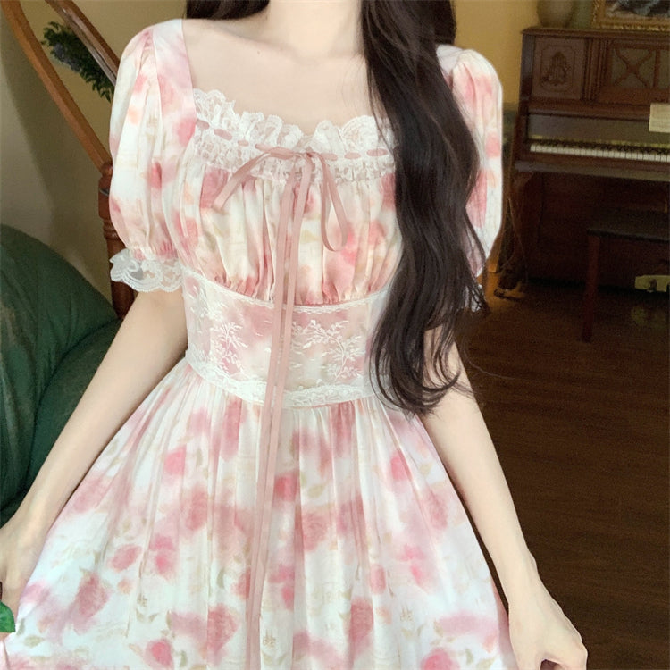 Summer Long Elegant Romantic Square Neck Waist Dresses