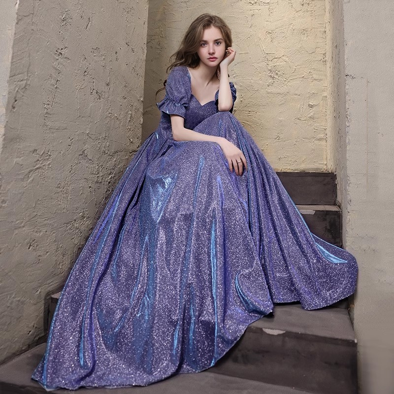 Senior Performance Banquet Toast Clothes Engagement Purple Starry Evening Gowns Dresses