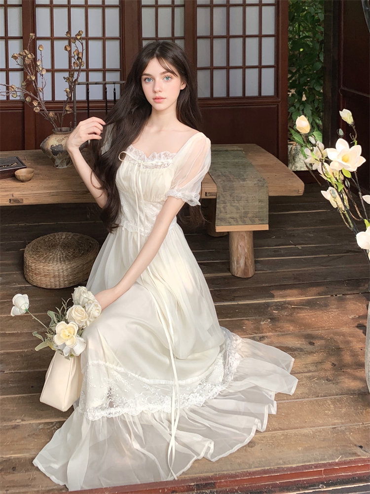 Summer Long Elegant Romantic Square Neck Waist Dresses