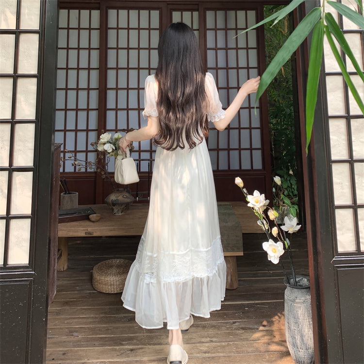 Summer Long Elegant Romantic Square Neck Waist Dresses
