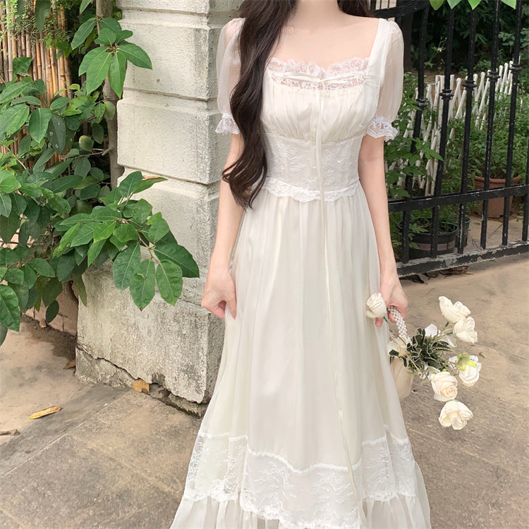Summer Long Elegant Romantic Square Neck Waist Dresses