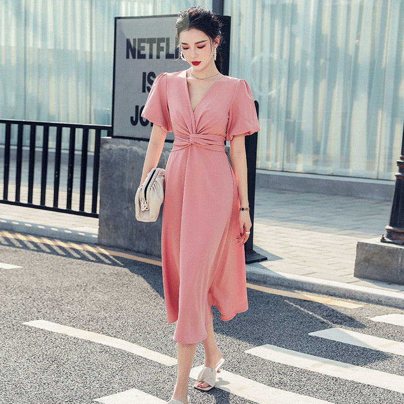 New Summer Thai Slimming Dress Short Sleeve Chest Tie Twist V-Neck Over-the-Knee Midi Skirt Women