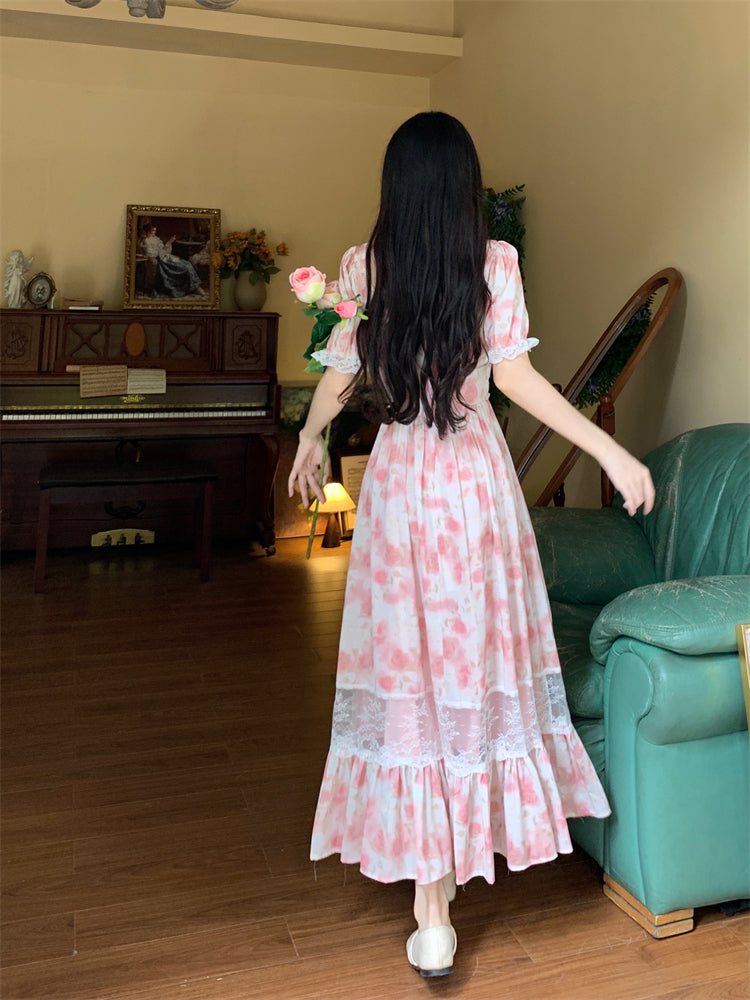 Summer Long Elegant Romantic Square Neck Waist Dresses