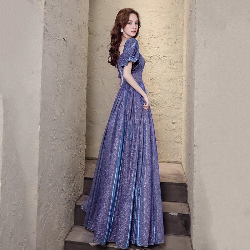 Senior Performance Banquet Toast Clothes Engagement Purple Starry Evening Gowns Dresses