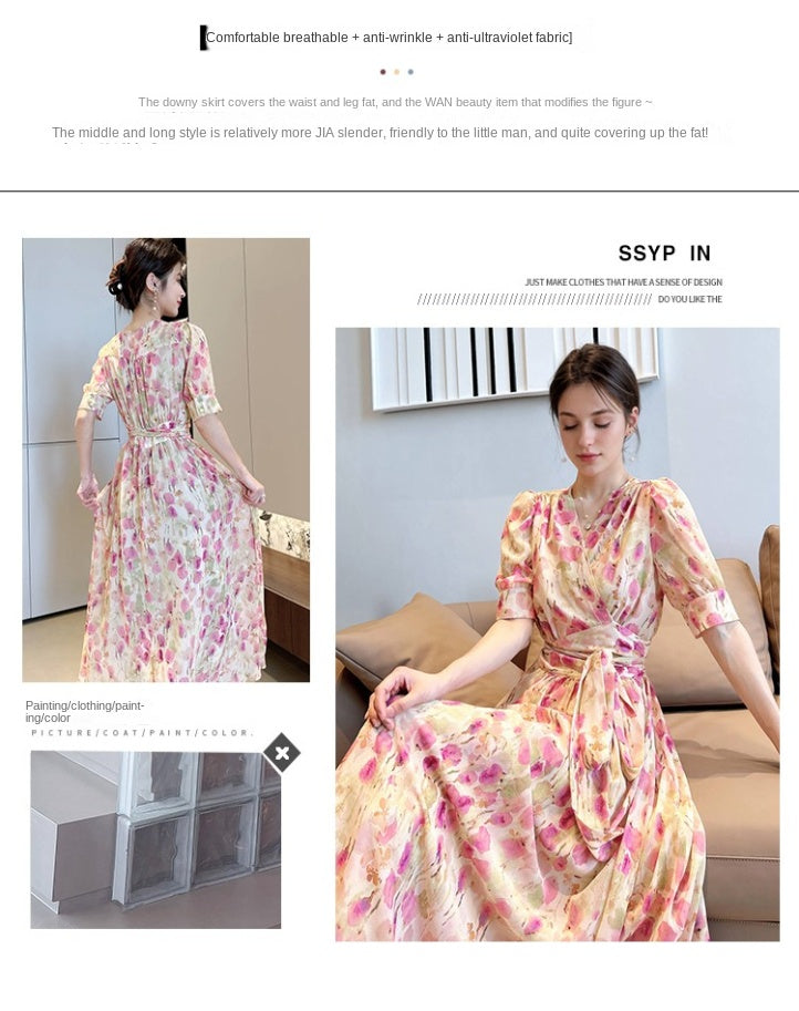 Pink V-neck floral chiffon dress new summer temperament waist tie long skirt short sleeve