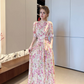 Pink V-neck floral chiffon dress new summer temperament waist tie long skirt short sleeve